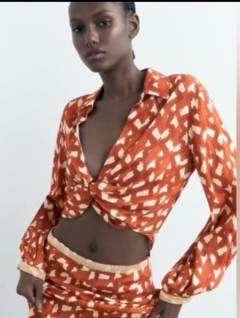 ZARA LINEN BOHO LAGEN Coastal beaded Twist-Front Long Sleeve Top Rust Y2K 90s